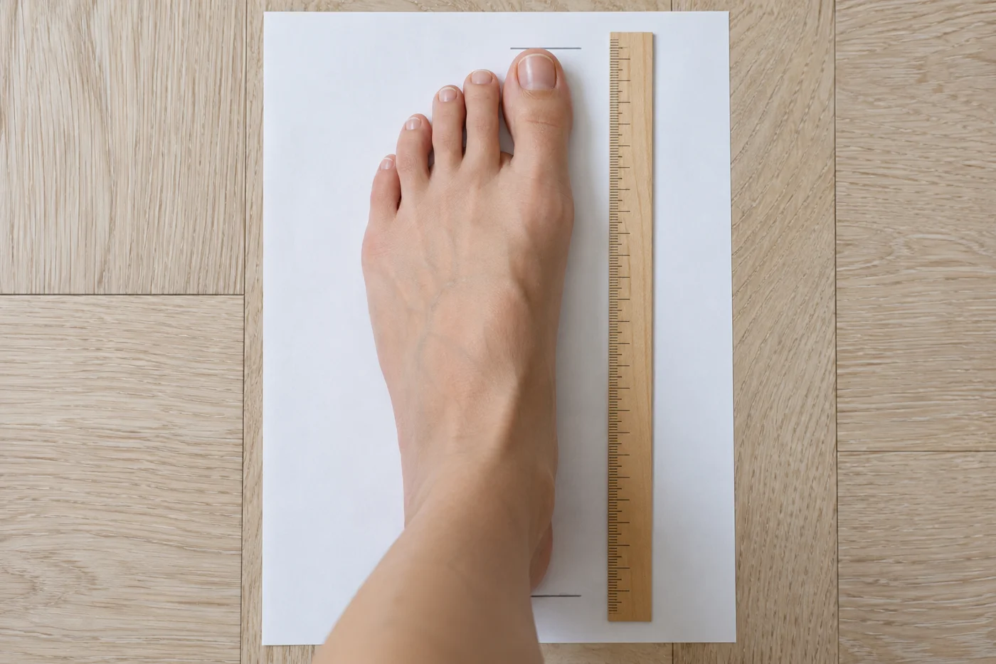 Foot length marked on paper beside a ruler
