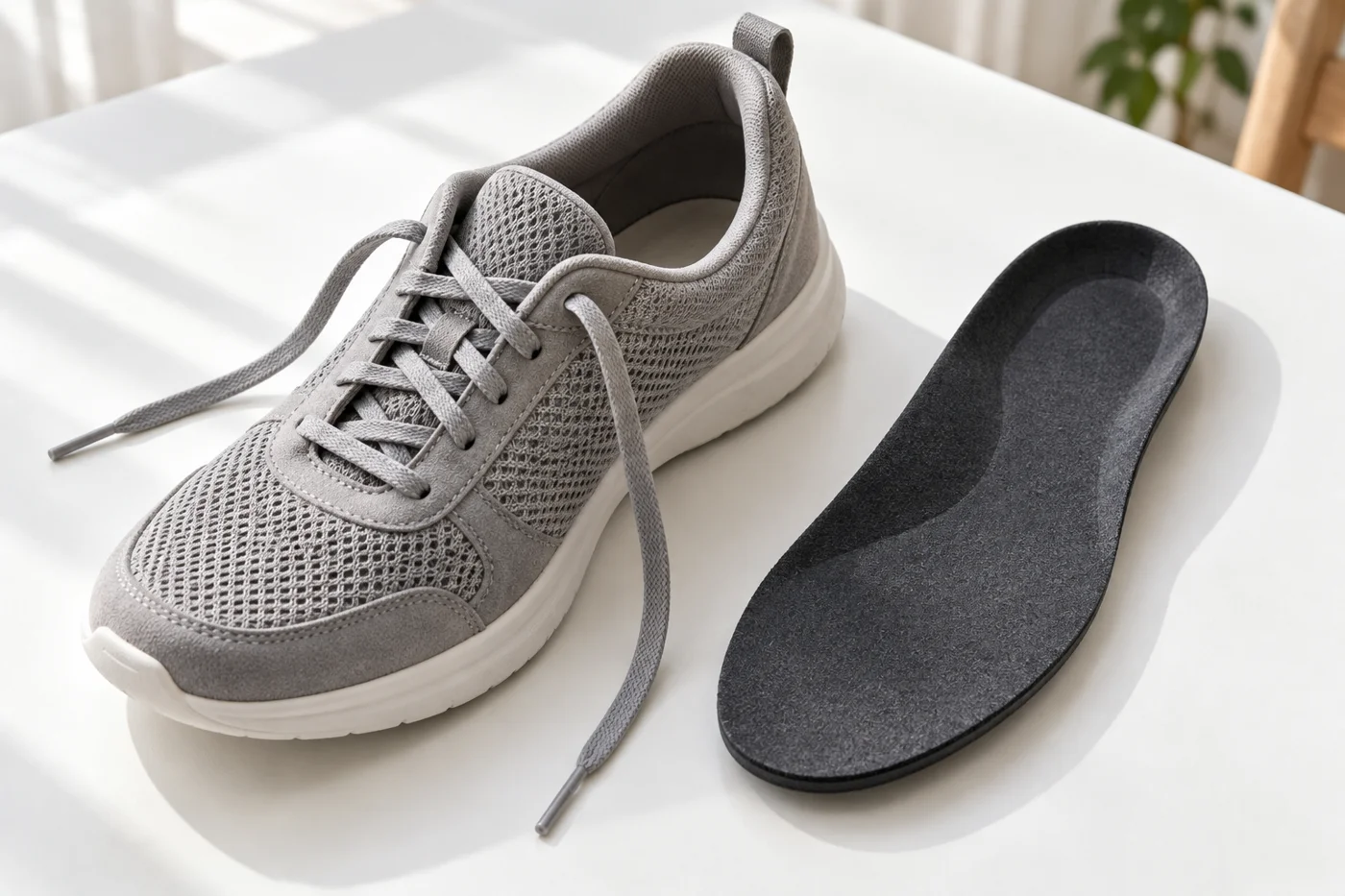 Sneaker with a removable foam insole beside it