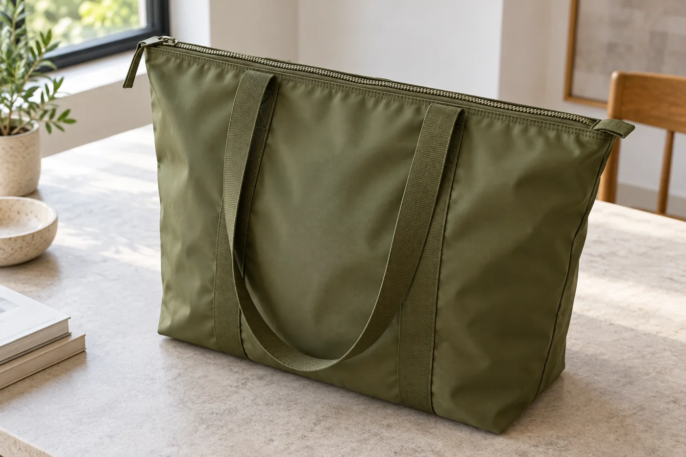Tote bag with a closed zip across the top