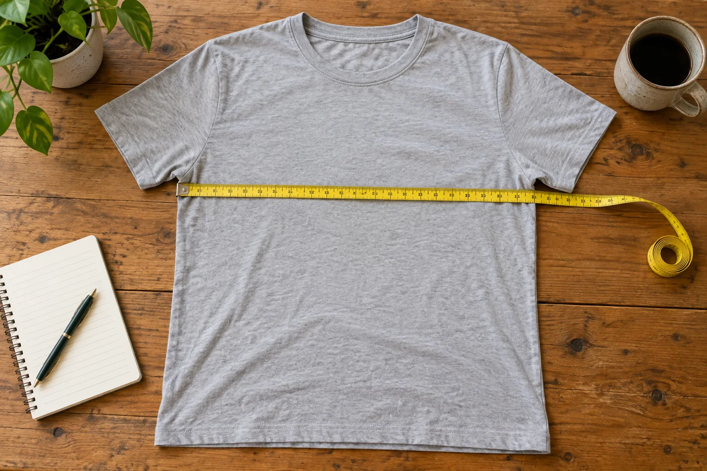 A shirt laid flat beside a measuring tape